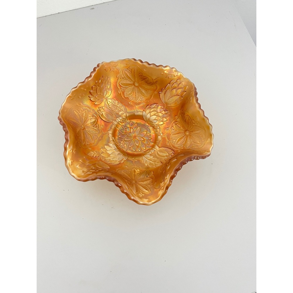 Fenton Carnival Glass Bowl Home Decor 7.5" Marigold Iridescent Floral Footed